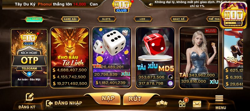 Giao diện bắt mắt của cổng game Hitclub